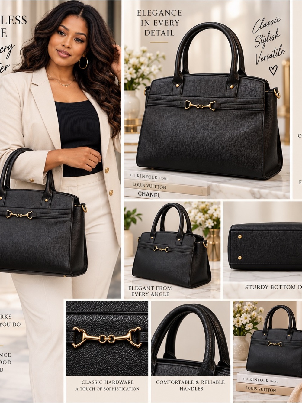 Classic Black Structured Satchel Handbag with Gold Hardware